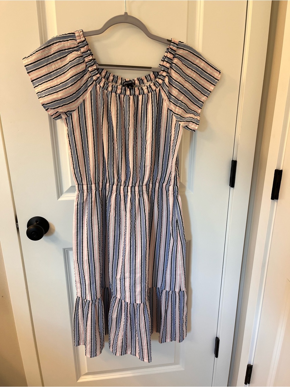 J. Crew Factory Blue and White Striped Off-Shoulder Dress